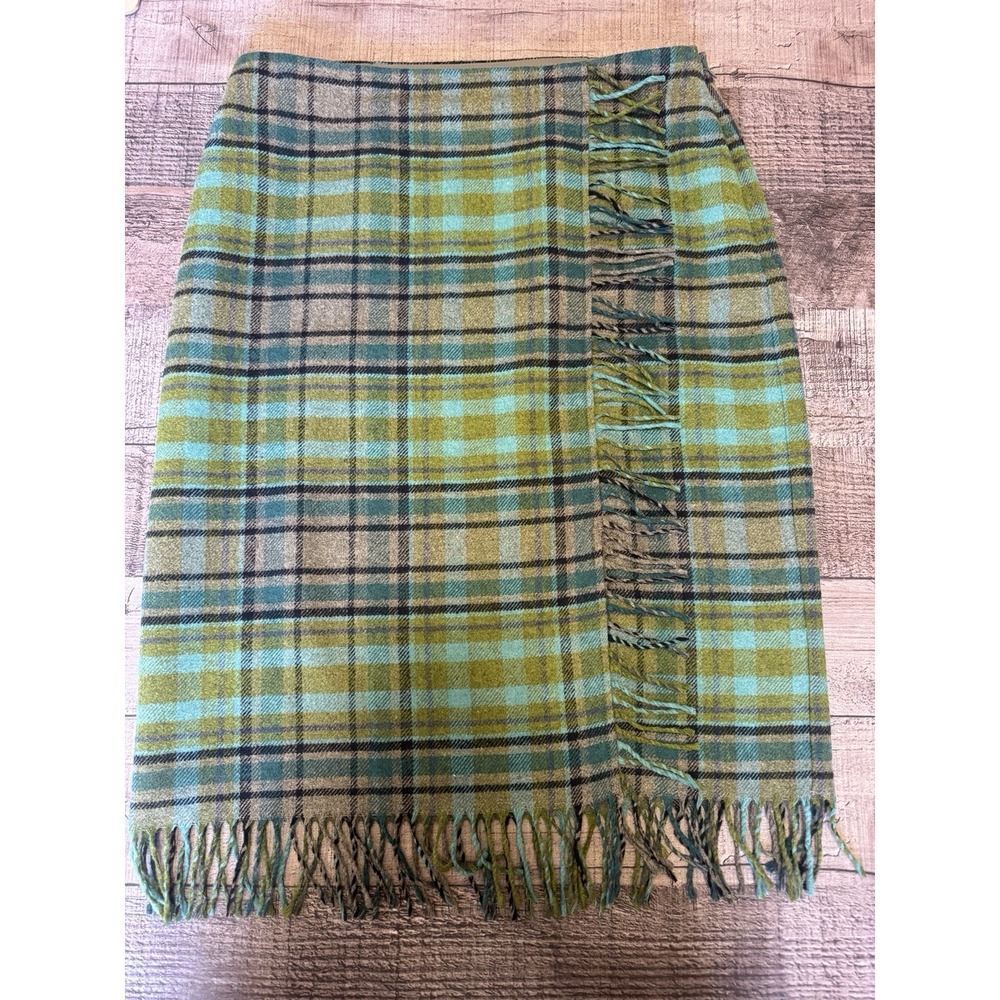 J. Jill Skirt Plaid Wool Blend Wrap Fringe Gray Green Blue Fully Lined Size 12